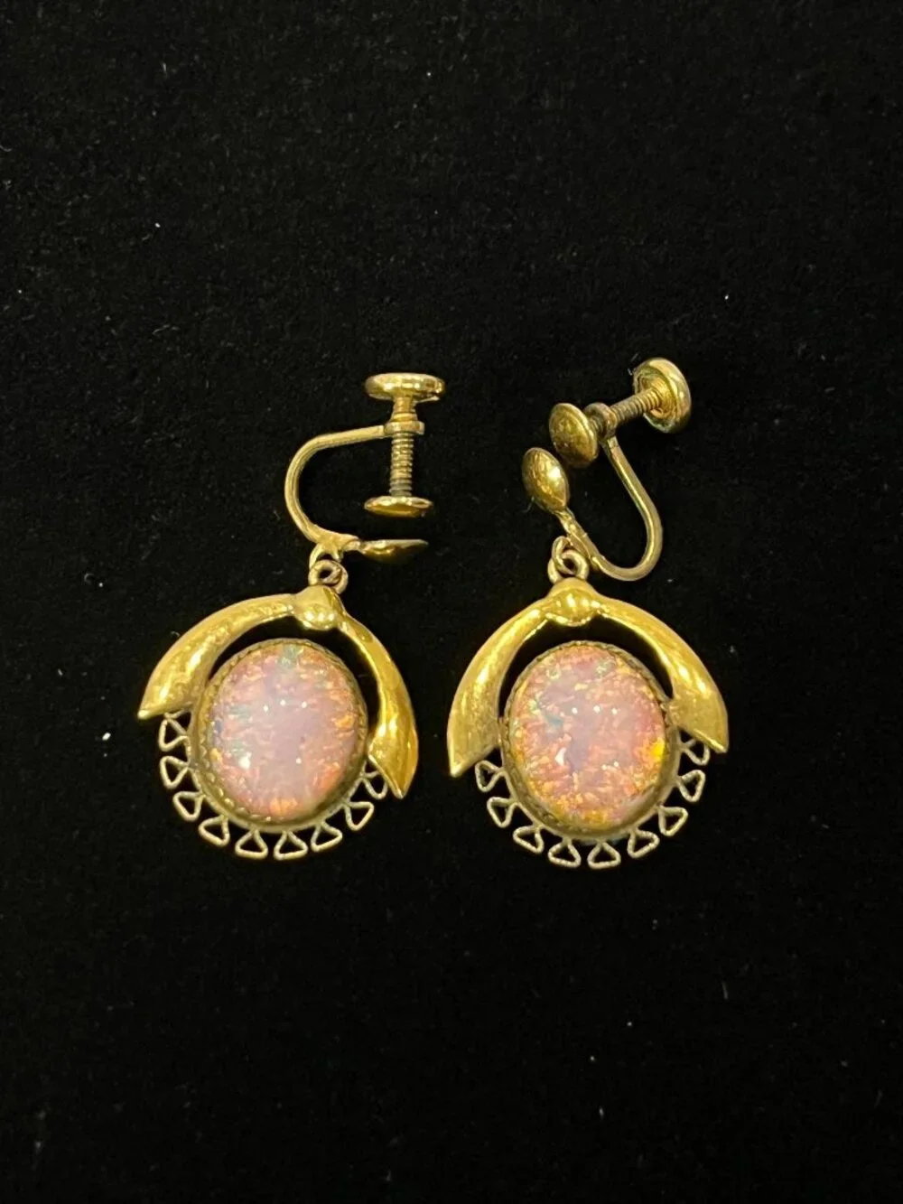 1/20 14k GF Opalite Earrings Midcentury ornate dangle unique screw on